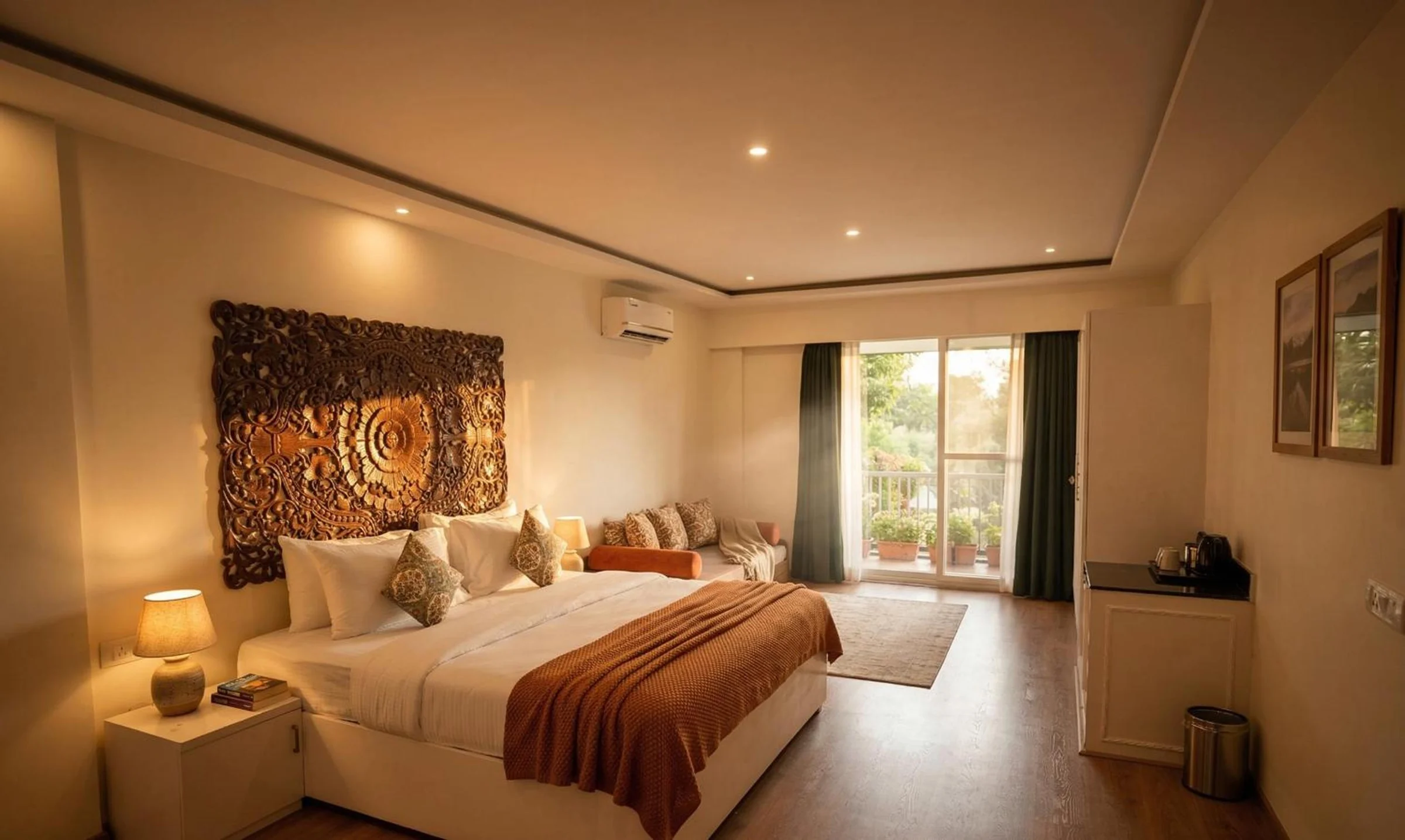 A guest room with a carved headboard, lounge seating and a balcony in warm light