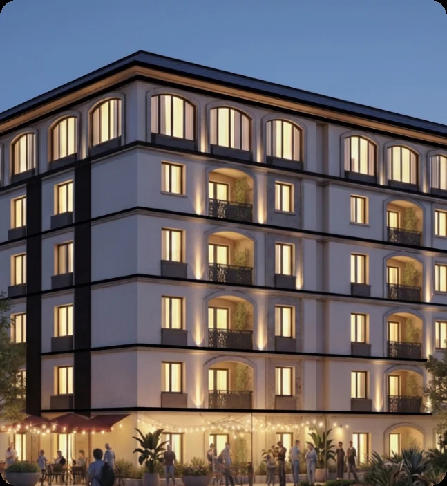Architectural rendering of the Aanya block at dusk