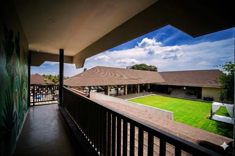 The lawn seen from the dining deck balcony