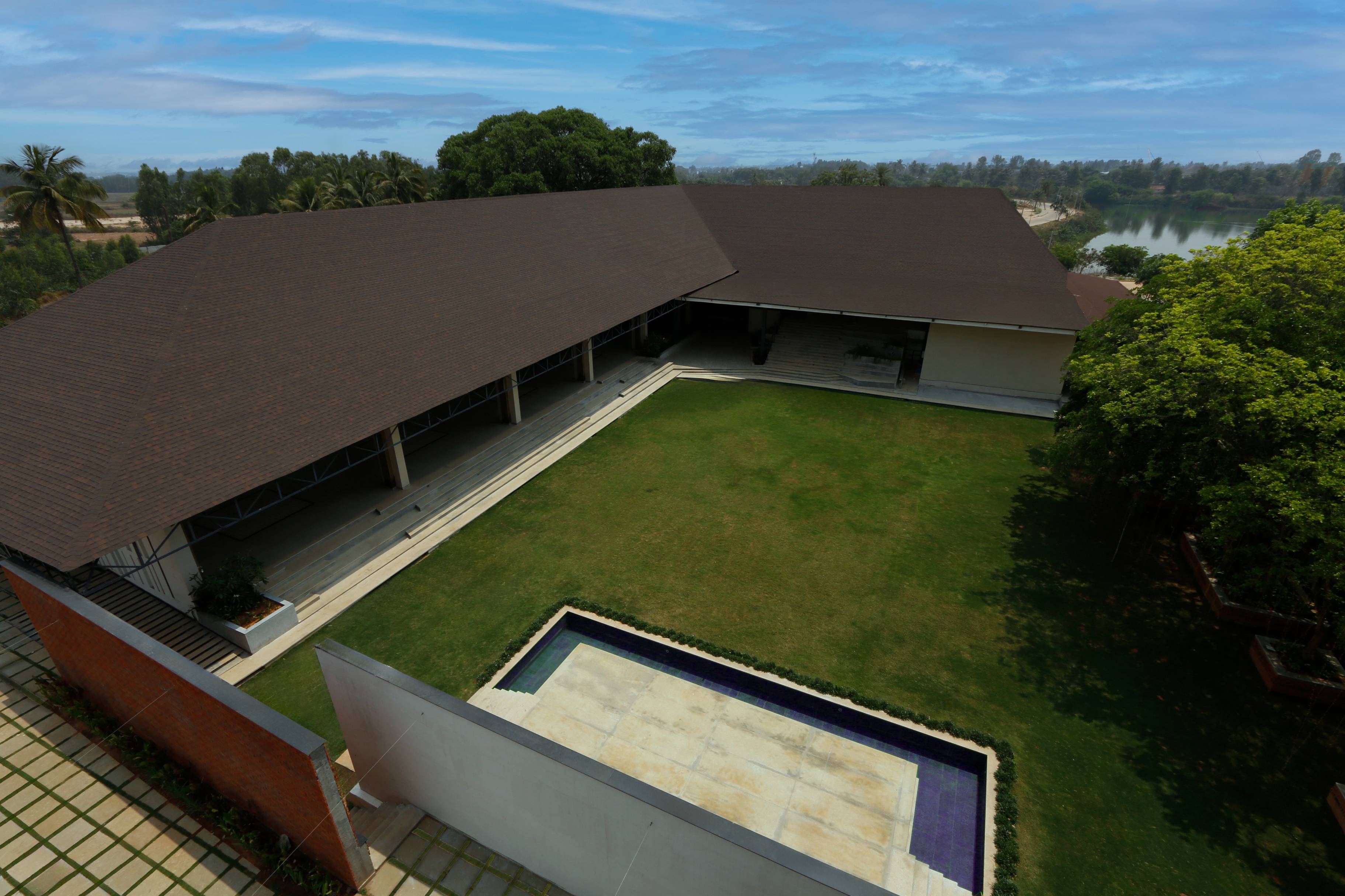 Aerial view of the pavilion, Padma Lawns and the lakefront