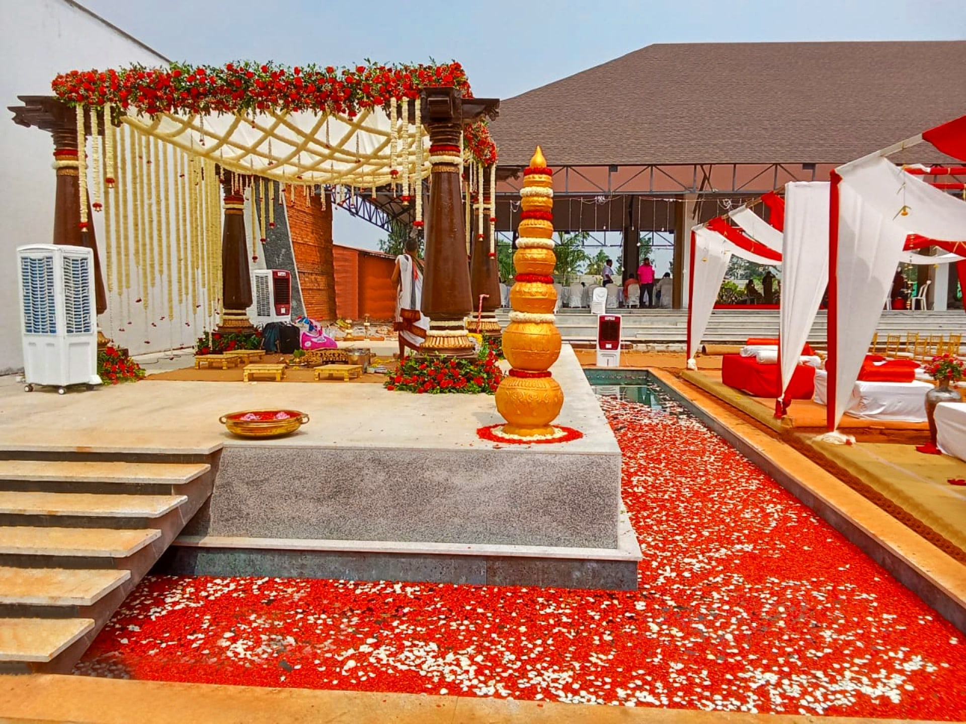 The Floating Mantapa dressed with golden kalash and rose petals