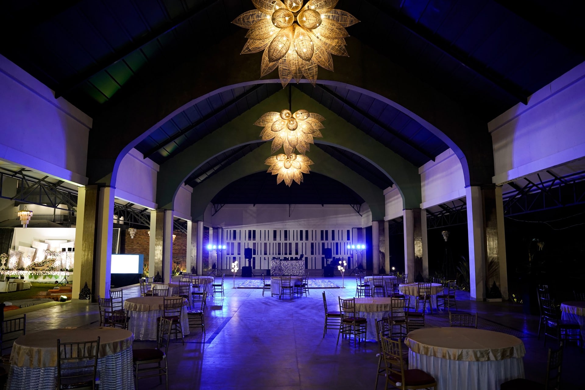 Padma Pavilion lit blue for an evening event